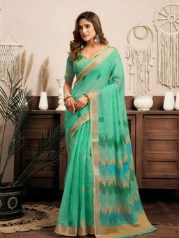 Odette - Light Green Cotton Linen Saree With Unstitched Blouse