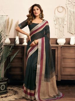 Odette - Dark Grey Cotton Linen Saree With Unstitched Blouse