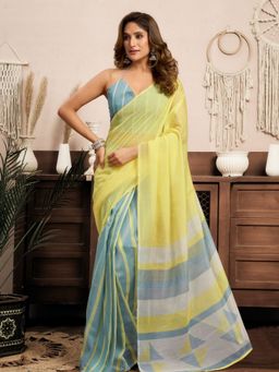 Odette - Blue And Yellow Cotton Linen Saree With Unstitched Blouse