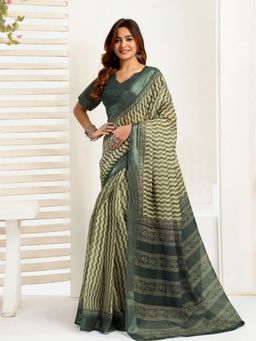 Odette - Olive Cotton Linen Saree With Unstitched Blouse