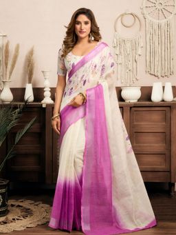 Odette - White And Pink Cotton Linen Saree With Unstitched Blouse
