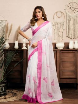 Odette - White And Pink Cotton Linen Saree With Unstitched Blouse