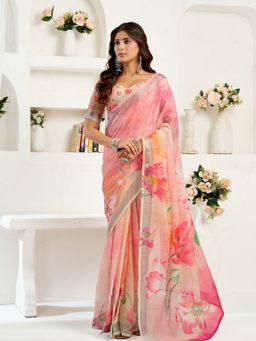 Odette - Light Pink Cotton Linen Saree With Unstitched Blouse