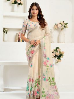 Odette - Beige Cotton Linen Saree With Unstitched Blouse