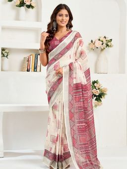 Odette - White And Dark Mauve Cotton Linen Saree With Unstitched Blouse