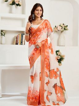 Odette - White And Orange Cotton Linen Saree With Unstitched Blouse