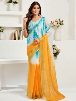 Odette - Sky Blue And Orange Cotton Linen Saree With Unstitched Blouse