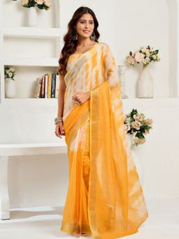 Odette - Orange And White Cotton Linen Saree With Unstitched Blouse