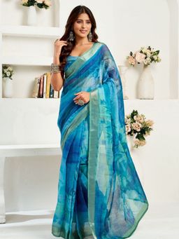 Odette - Blue Cotton Linen Saree With Unstitched Blouse