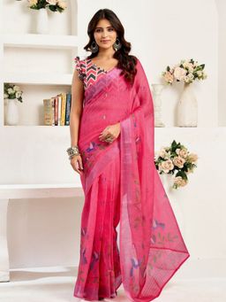 Odette - Pink Cotton Linen Saree With Unstitched Blouse