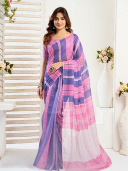 Odette - Blue And Pink Cotton Linen Saree With Unstitched Blouse