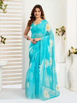 Odette - Sky Blue Cotton Linen Saree With Unstitched Blouse