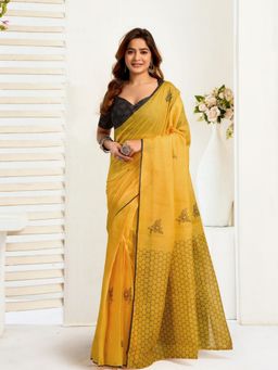Odette - Yellow Cotton Linen Saree With Unstitched Blouse