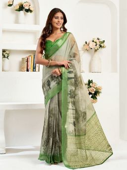 Odette - Green Cotton Linen Saree With Unstitched Blouse
