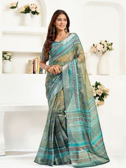 Odette - Blue Cotton Linen Saree With Unstitched Blouse