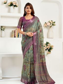 Odette - Mauve And Green Cotton Linen Saree With Unstitched Blouse
