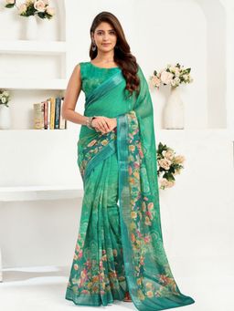 Odette - Green Cotton Linen Saree With Unstitched Blouse