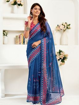 Odette - Blue Cotton Linen Saree With Unstitched Blouse