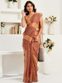 Odette - Beige Cotton Linen Saree With Unstitched Blouse