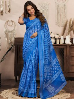 Odette - Blue Cotton Linen Saree With Unstitched Blouse