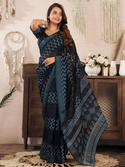 Odette - Black Cotton Linen Saree With Unstitched Blouse