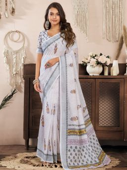 Odette - Off White Cotton Linen Saree With Unstitched Blouse