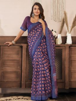 Odette - Deep Purple Cotton Linen Saree With Unstitched Blouse
