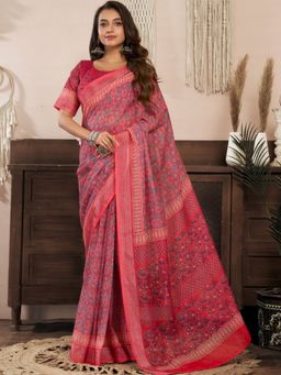 Odette - Red Cotton Linen Saree With Unstitched Blouse