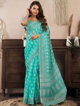 Odette - Light Blue Cotton Linen Saree With Unstitched Blouse
