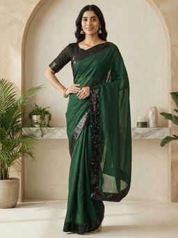 Akhilam - Women Green Silk Solid Saree with Unstitched Blouse