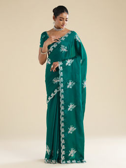 Sareemall - Teal Chiffon Floral Embroidered Saree With Unstitched Blouse