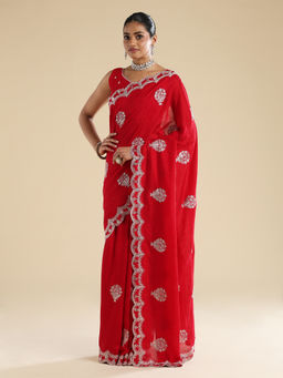 Sareemall - Red Silk Embroidered Saree With Unstitched Blouse