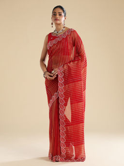 Sareemall - Red Chiffon Embellished Saree With Unstitched Blouse
