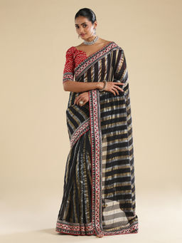 Sareemall - Black Organza Lace Work Saree With Unstitched Blouse