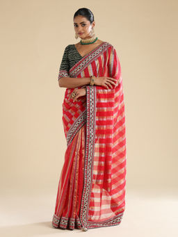Sareemall - Red Organza Lace Work Saree With Unstitched Blouse