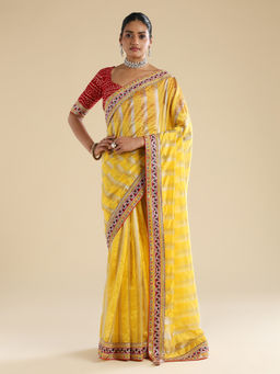 Sareemall - Yellow Organza Lace Work Saree With Unstitched Blouse