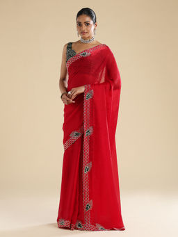 Sareemall - Red Satin Embellished Saree With Unstitched Blouse