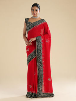 Sareemall - Red Silk Bead & Stones Embellished Saree With Unstitched Blouse