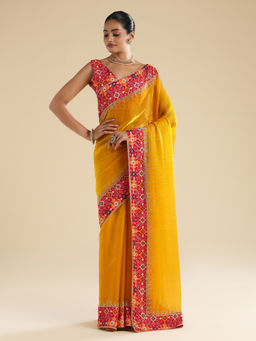 Sareemall - Yellow Satin Lace Work Saree With Unstitched Blouse