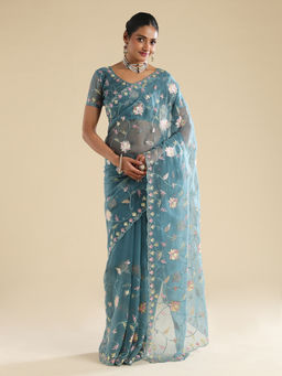 Sareemall - Blue Chiffon Floral Embroidered Saree With Unstitched Blouse