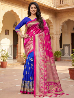 Sareemall - Women Art Silk Blue Zari Woven Saree With Unstitched Blouse