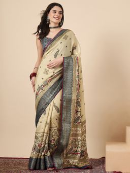 Sareemall - Black Tussar Silk Mirror Work Saree With Unstitched blouse