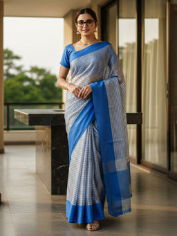 Akhilam - Women Blue Silk Blend Checks Saree with Unstitched Blouse