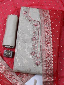 MEENA BAZAAR - Women Embroidered Chanderi Blue Unstitched Kurta with Bottom and Dupatta