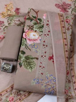 MEENA BAZAAR - Printed Cotton Beige Unstitched Kurta with Bottom and Dupatta