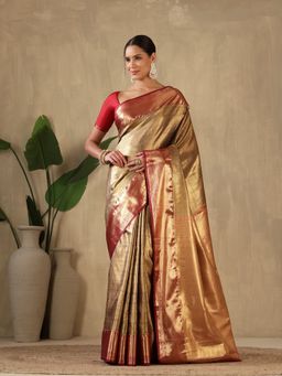 MEENA BAZAAR - Brown Woven Zari Art Silk Saree Without Blouse