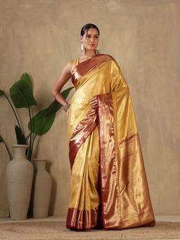MEENA BAZAAR - Mustard Woven Zari Art Silk Saree Without Blouse