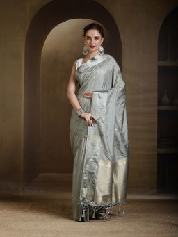 MEENA BAZAAR - Grey Woven Zari Art Silk Saree Without Blouse