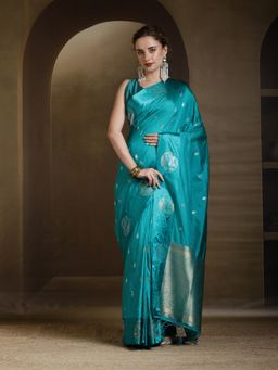 MEENA BAZAAR - Blue Woven Zari Art Silk Saree Without Blouse