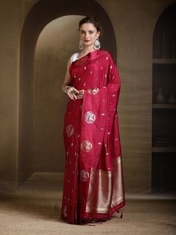 MEENA BAZAAR - Red Woven Zari Art Silk Saree Without Blouse